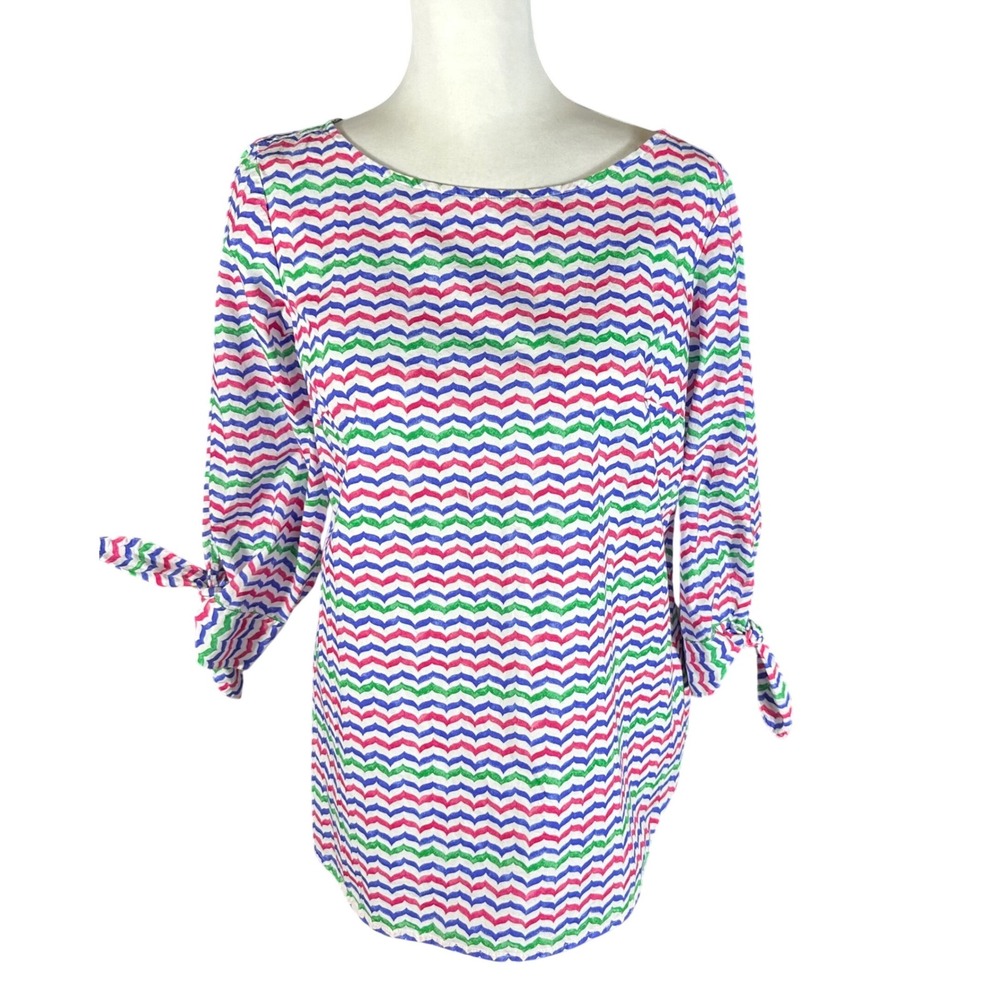 Talbots Blouse Womens S Multi Color Chevron Print Tie Cuff 3/4 Sleeve Cotton